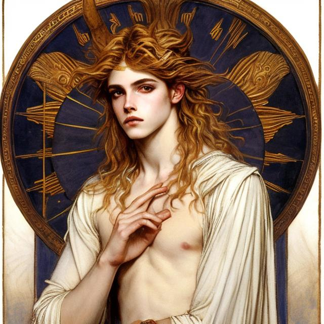 Prompt: Androgynous prince Lucius depicted as Apollo the Sun God by John William Waterhouse, Pre-Raphaelite style, long fluffy blond curly hair, pale porcelain white skin, detailed, defined, sandals on feet, chiaroscuro