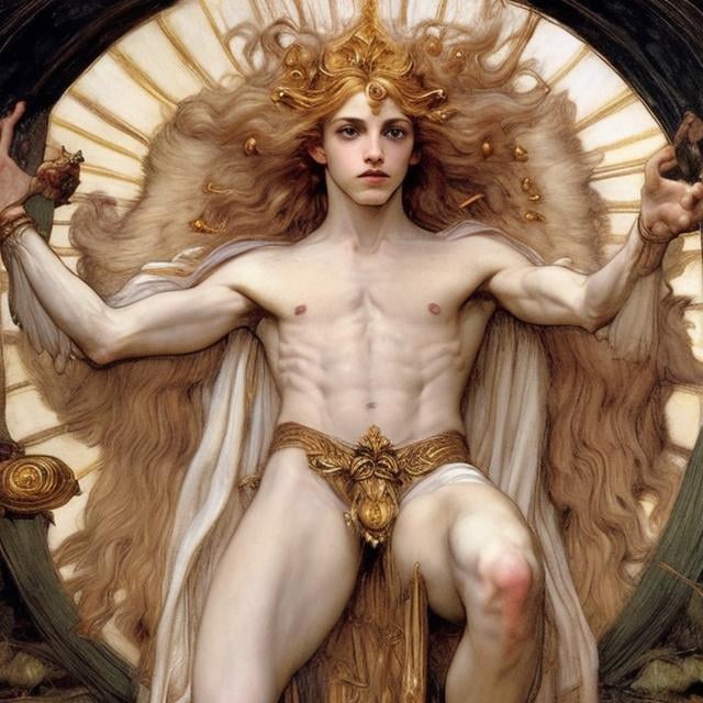 Prompt: Androgynous prince Lucius depicted as Apollo the Sun God by John William Waterhouse, Pre-Raphaelite style, long fluffy blond curly hair, pale porcelain white skin, detailed, defined, anatomically correct hands and feet,  chiaroscuro