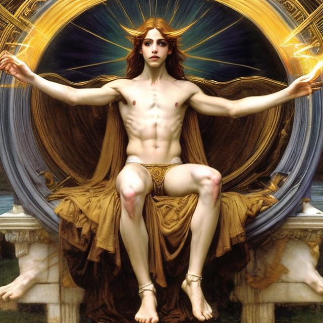 Prompt: Androgynous handsome prince Lucius depicted as Apollo the Sun God by John William Waterhouse, Pre-Raphaelite style, long fluffy light blond curly hair, porcelain white skin, detailed, defined, anatomically correct hands, anatomically correct feet, chiaroscuro