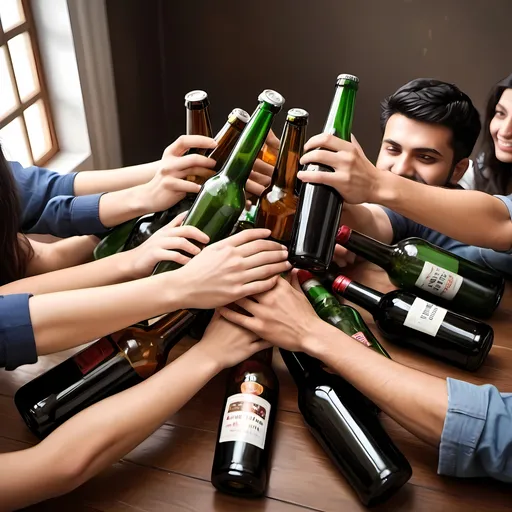 Prompt: Create an image for Hapoy Friendship day with beer bottles wine bottles whiskey bottles lying around in room with 4-5 heads visible just like drunk out and other trash in the room . And all are joining hands as a friendship 