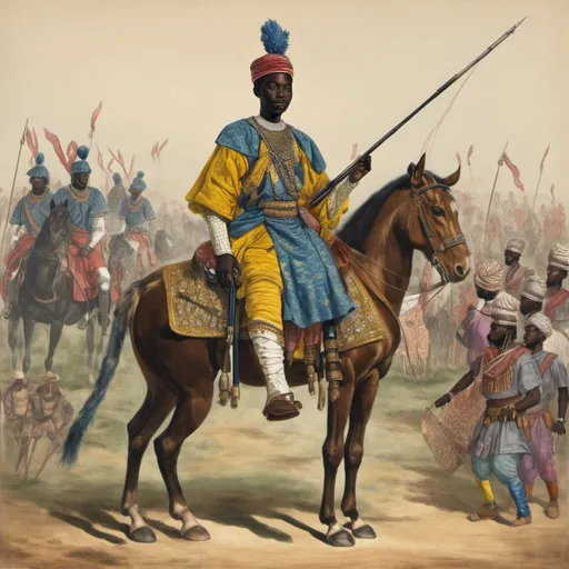 Prompt: <mymodel> A 19th century Yoruba calvary officer in the Oyo Army, the Yoruba officer is riding on a horse with his Yoruba troops. The Yoruba officer is wearing war armor and holding a rifle.