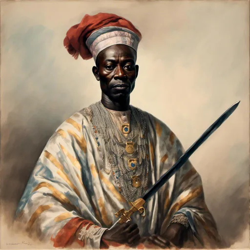 Prompt: <mymodel> 19th century portrait of an Oyo Yoruba war general named Afonja. Afonja is a Yoruba  man, Afonja is a soldier. Afonja is a war chief. Afonja wears Agbada. Afonja rides a horse, Afonja uses a sword.