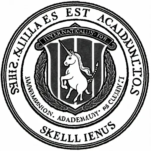 Prompt: A school seal for the Skremonius Skellion's International Academy for the Thaumaturgically inclined. It looks like an Ivy league school seal but has a wand, a cauldron, and a unicorn head. THe motto is "Magia est insanus. Rerum sit eveniet."