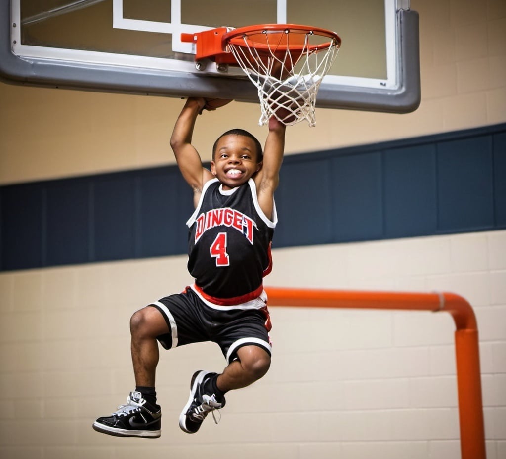 Prompt: Black midget dunking