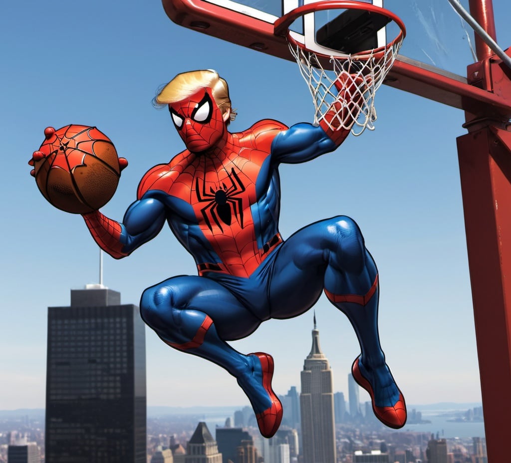 Prompt: Donald trump dunking on Spider-Man 