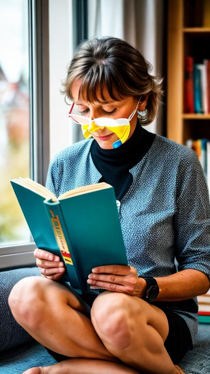 Prompt: Astrid Lindgren at 40 years old reading one of her many books. 