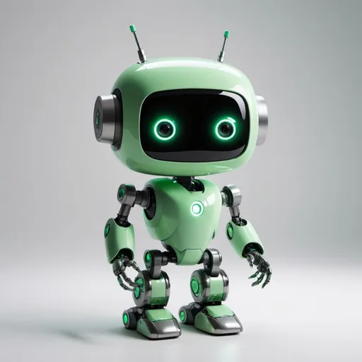 Prompt: A profile image for Instagram in a cinematic quality featuring Green Gadget, a cute and friendly AI robot with a metallic body and glowing green accents. It's depicted in a medium shot, with a subtle, atmospheric glow surrounding its body, evoking a sense of innovation and technology. Green Gadget is standing in front of a minimalist, white background, with a few subtle, abstract shapes and lines suggesting a Smart Home environment. The robot's body is adorned with a simple, yet stylish outfit consisting of a silver and green jumpsuit, complete with a utility belt and a few cleverly designed gadgets attached. Its face is a clean, geometric design, with two glowing green "eyes" that seem to be scanning the surroundings, conveying a sense of intelligence and curiosity.