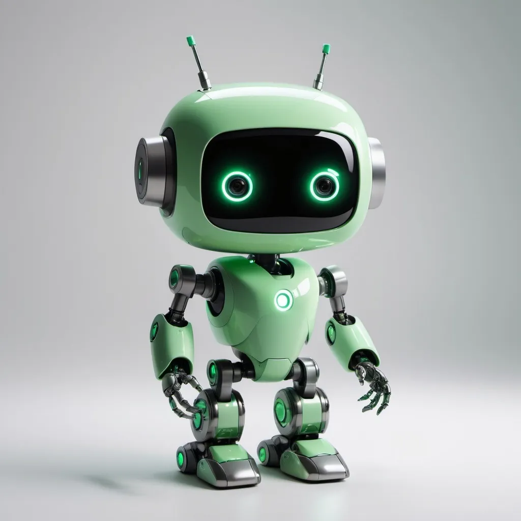 Prompt: A profile image for Instagram in a cinematic quality featuring Green Gadget, a cute and friendly AI robot with a metallic body and glowing green accents. It's depicted in a medium shot, with a subtle, atmospheric glow surrounding its body, evoking a sense of innovation and technology. Green Gadget is standing in front of a minimalist, white background, with a few subtle, abstract shapes and lines suggesting a Smart Home environment. The robot's body is adorned with a simple, yet stylish outfit consisting of a silver and green jumpsuit, complete with a utility belt and a few cleverly designed gadgets attached. Its face is a clean, geometric design, with two glowing green "eyes" that seem to be scanning the surroundings, conveying a sense of intelligence and curiosity.