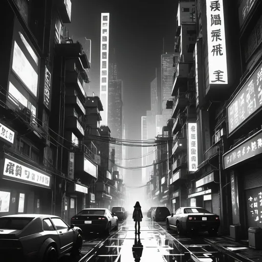 Prompt: Cyberpunk city black and white filter anime style