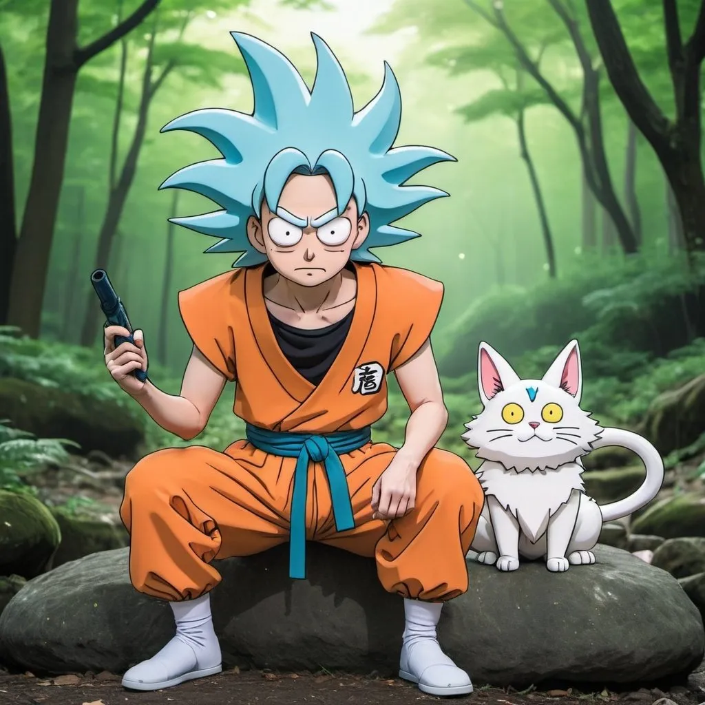 Prompt: 2d studio ghibli anime style, rick and morty cosplay as songoku from dragonball Z,  anime scene