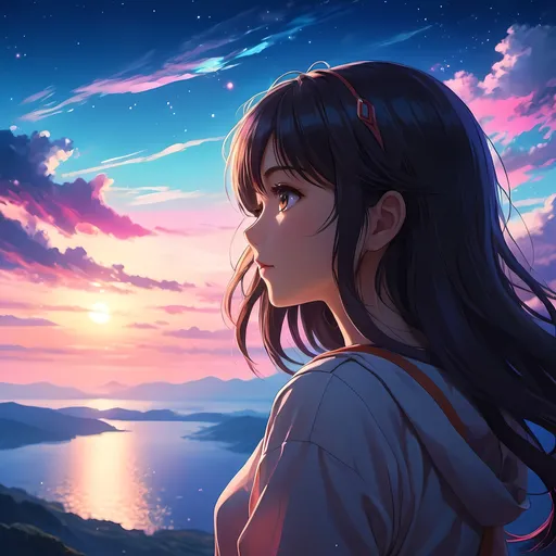Prompt: Anime girl with dark hair, vibrant colors, gazing at distant horizon, high quality, anime, vibrant colors, detailed hair, dreamy atmosphere, atmospheric lighting
