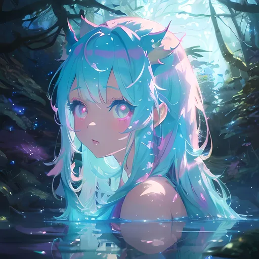 Prompt: Anime illustration of a girl with axolotl features, vibrant pastel color palette, fantasy forest setting, ethereal glowing markings, large expressive eyes, soft and detailed water-inspired hair, high quality, pastel colors, anime, fantasy, glowing markings, detailed eyes, water-themed hair, vibrant, ethereal lighting