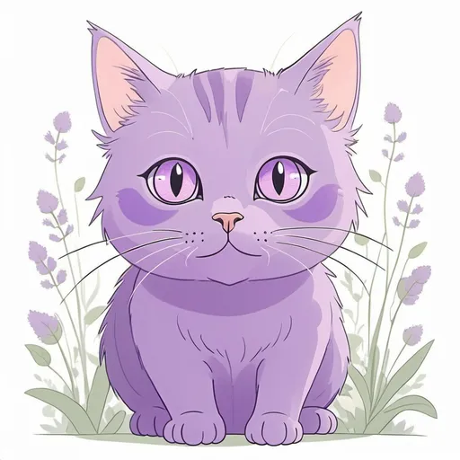 Prompt: Line Art-style illustration of a Purple Cartoon cat, Ghibli style, soft and dreamy, expressive eyes, pastel color palette, high quality, Hand Drawn, Line art, anime, Ghibli, dreamy, pastel tones, expressive eyes, soft lighting
