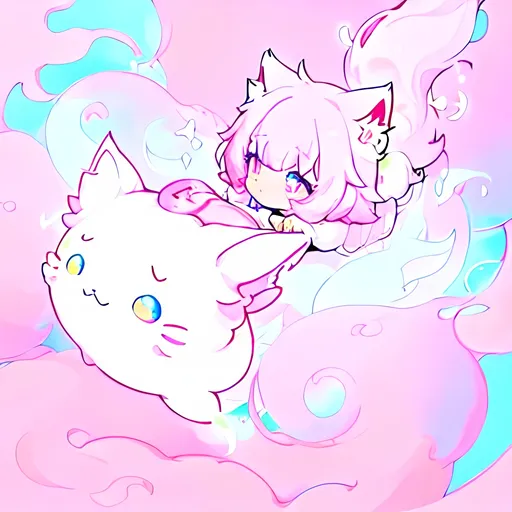 Prompt: Line Art-style illustration of a Cute cat-axolotl hybrid, vibrant pastel colors, magical forest setting, ethereal glow, fur, expressive and enchanting eyes, cute , detailed linework, anime, mystical, pastel colors, magical forest, fur, expressive eyes, ethereal glow, Cat paws, Cat body, Cat head, Axolotl features, detailed linework