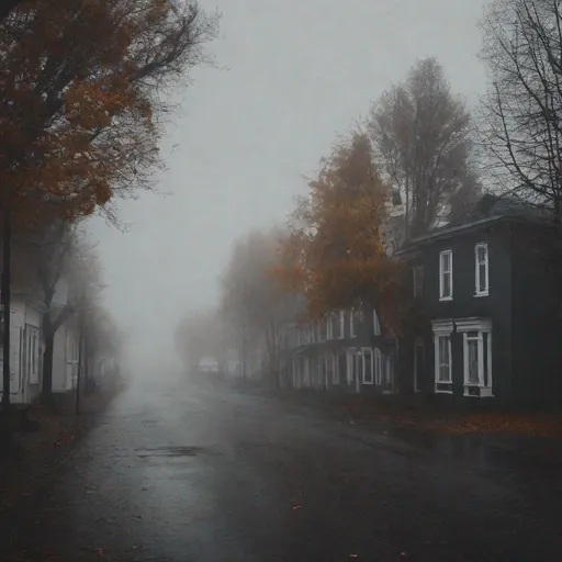 Prompt: Dark Foggy autumn day in a small town