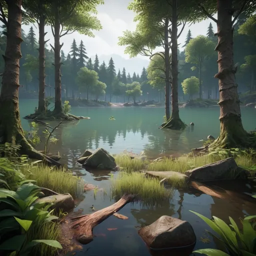 Prompt: a mysterious forest next to a lake, high quality, unreal engine with tung tung sahur