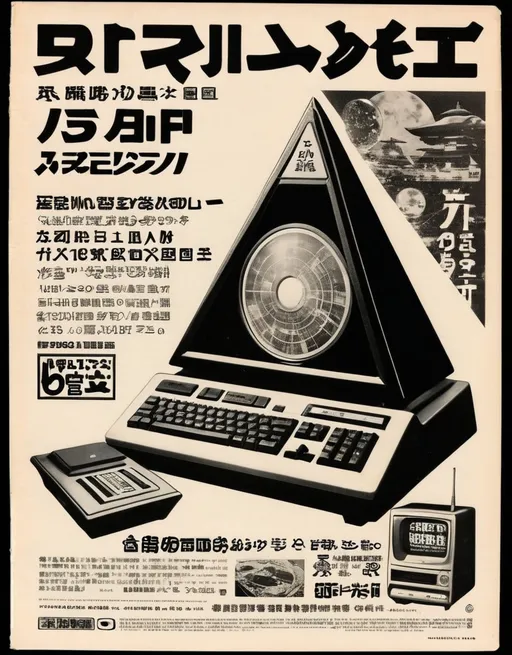 Prompt: Japanese vintage magazine ad in sepia showing a science fiction triangle compact computer in a complete front view with some Japanese texts around and price. Add a black and white Japanese sci-fi character illustration somewhere.

