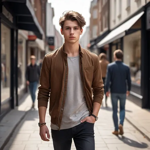 Prompt: Average height young man, brown hair, stylish clothes, walking down the high street, detailed clothing, realistic, natural lighting