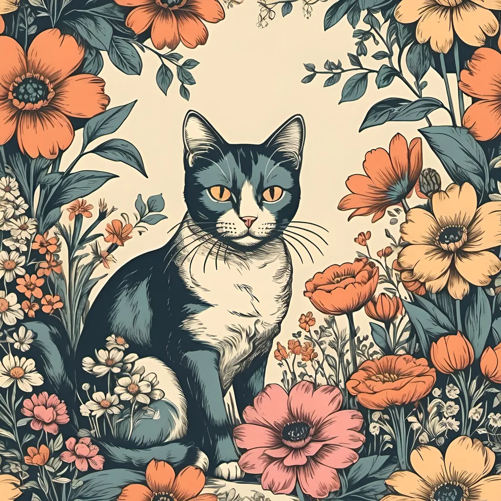 Prompt: A garden of flowers with a cat, vintage,vintage colors,sharp colors,various flowers, use fore fabric,repeatable, hand drown