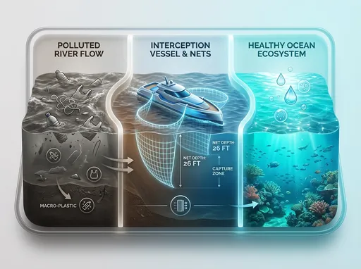 Prompt: A clean, modern 3D infographic concept for a maritime mission. A tri-section layout. On the left, a polluted river with visible macro-plastics both on surface and deep underwater. In the middle, a specialized vessel intercepts the flow using 150-foot purse-string nets with a visible 26-foot depth. On the right, the water clears into a sparkling, healthy ocean ecosystem. Vibrant color palette: Gritty charcoal/browns transitioning to brilliant teals. The final image is encased in a modern rounded-rectangle (stadium) border. High contrast, sleek aesthetic, soft shadows.
