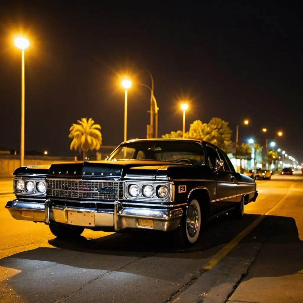 Prompt: A Lowrider at night under a street light