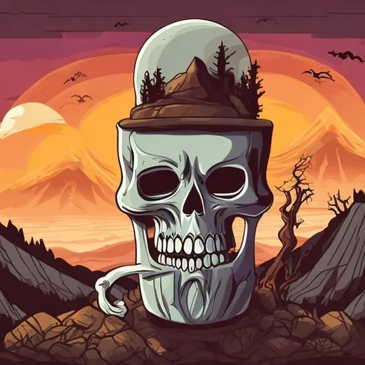 Prompt: cartoon, color, skeleton  on a mountain sunrise, spooky, earthy with coffee mug,cute 