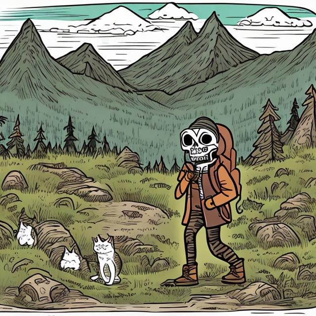 Prompt: cartoon, earth tones,  cat skeleton hiking in the mountains, spooky 