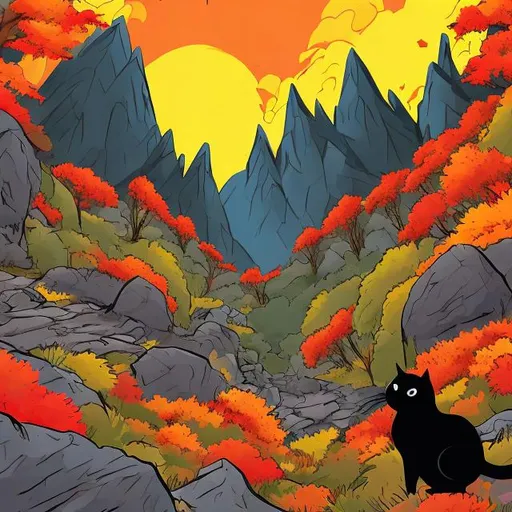 Prompt: color cartoon, black cat hiking in the autumn mountains, spooky