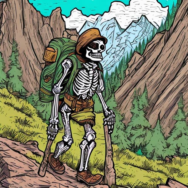 Prompt: skeleton hiking in the mountains. cartoon, color, wearing hiking boots, a backpack, and a hat