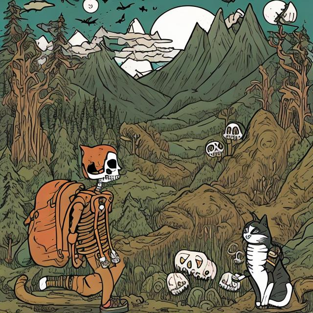 Prompt: cartoon, earth tones,  cat skeleton hiking in the mountains, spooky 