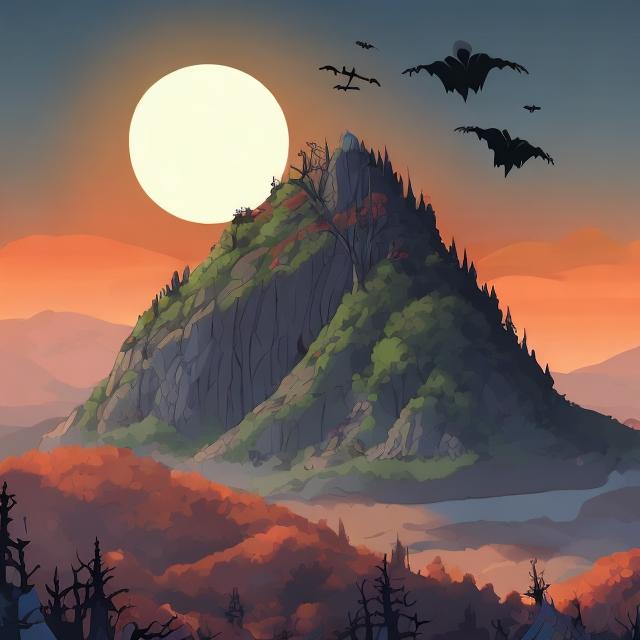 Prompt: cartoon, color, skeleton  on a mountain sunrise, spooky, muted colors