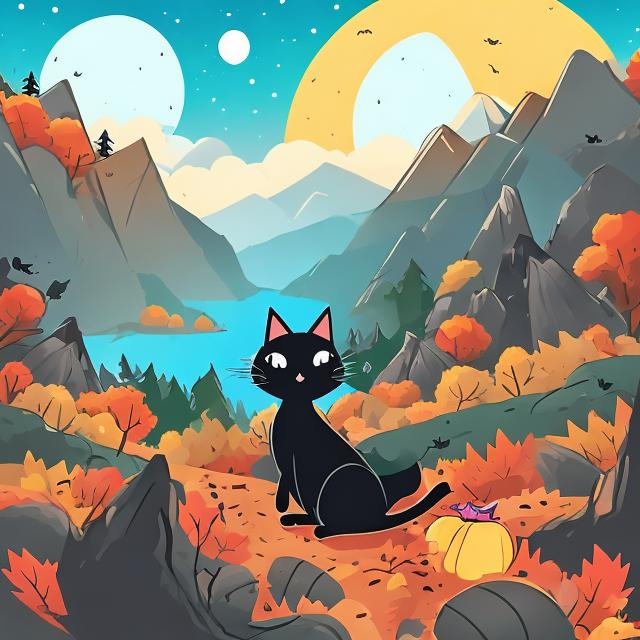 Prompt: color cartoon, black cat hiking in the autumn mountains, spooky