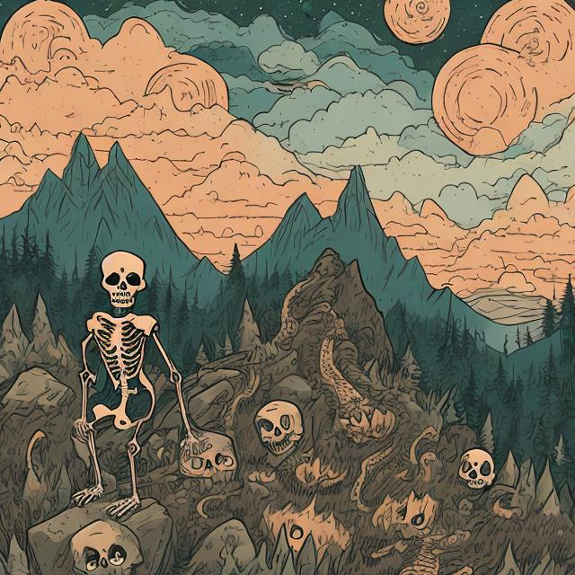 Prompt: cartoon, earth tones,  cat skeleton hiking in the mountains, spooky 