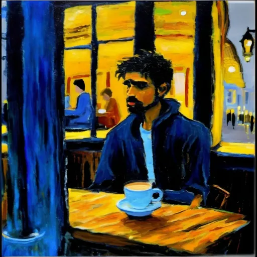 Prompt: Paint me this picture: a young boy, maybe in his mid twenties, is sitting in a bar like a cafe. like the old ones from the 10th century. He is sitting on a wooden chair with his steaming coffee cup on the wooden table. The scene in the picture is dark, as if all the happiness from the world is gone, as if...it never existed. The young boy is in a state of disbelief. He is wearing grey pyjamas and a blue button-up with a black hoodie to warm his body from the cold of the season.  Behind him, from his left shoulder, is an old wooden window with heavy rain outside. Behind his right shoulder is a bookshelf with random books. The young man's hair, black, messy. His eyes are teary, but he is not crying. His face is filled with sadness, and he carries within him. His hands, left one is resting on the wooden table, and his right hand is grabbing the coffee mug. Our young is not Caucasian nor is he African. But he has the skin tone of Spaniards. like the one Pakistani young men have. Paint this picture like it's been painted by van de Gogh himself. Like it was painted in the 15th century. like a oil painting