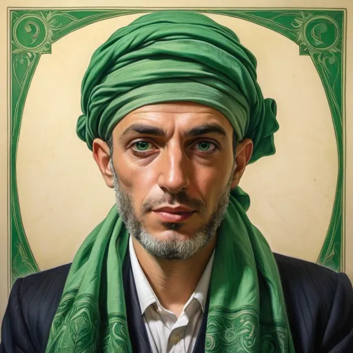 Prompt: a man with a green scarf on his head and a picture of a man with a green scarf on his head, Chafik Charobim, serial art, art noveau, a stock photo