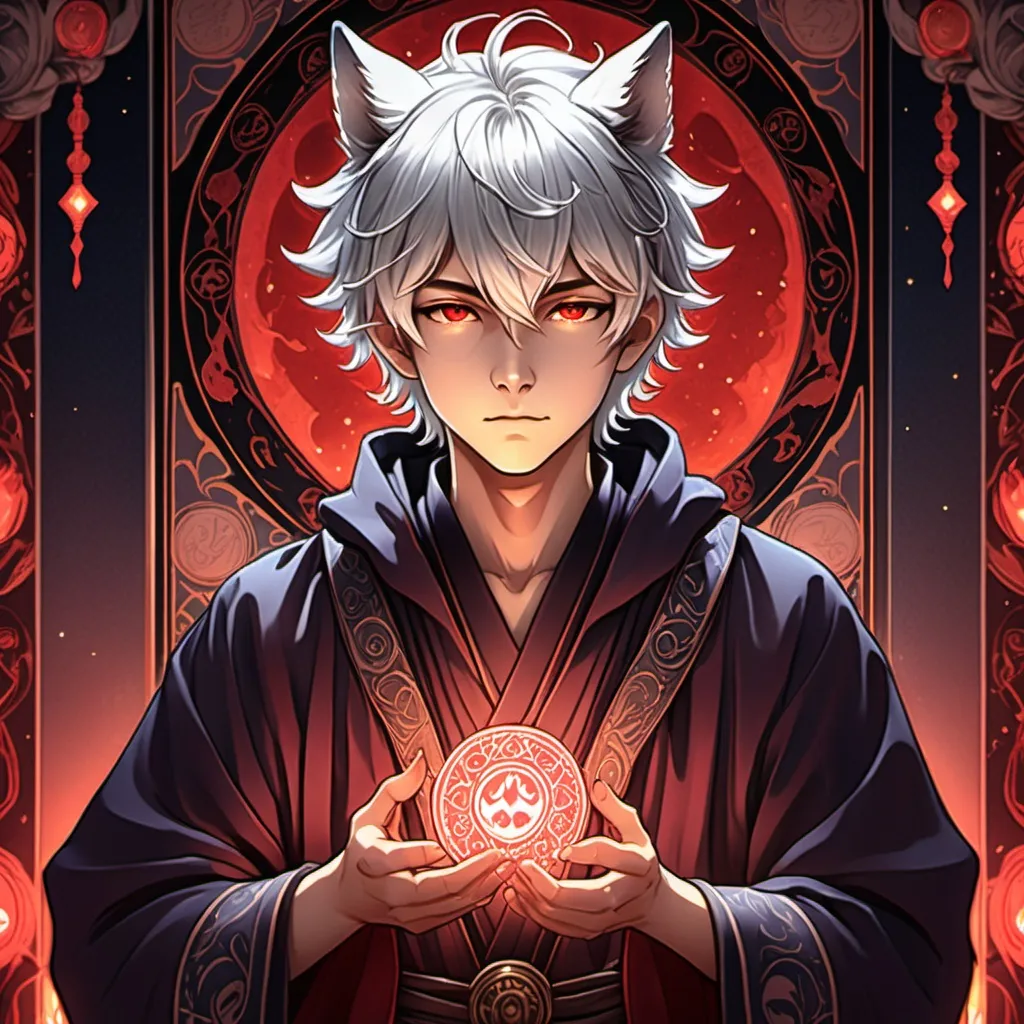 Prompt: tarot card Anime illustration, a silver-haired boy, detailed ornate cloth robe, wolf ear, dramatic light red lighting,