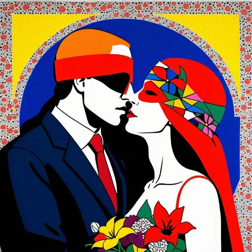 Prompt: Wedding portrait of life as a woman blindfolded marrying death as a man, de Stijl, high contrast, dynamic color range, pointillism, floral vine frame, dying and blooming mix, high resolution, color block, intense colors, geometric, symbolic, bold outlines, vibrant floral, artistic, conceptual, modern art