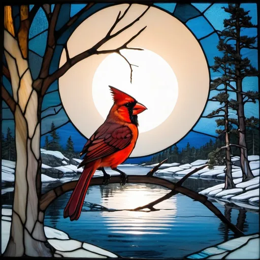 Prompt: A cardinal is sitting in a branch of a Jack pine, there is a lake frozen in winter, the sun is directly nice the Jack Pine.
Reflected below in water is the same scene as a summer night and a wolf is howling at the moon directly below,
High contrast, stained glass