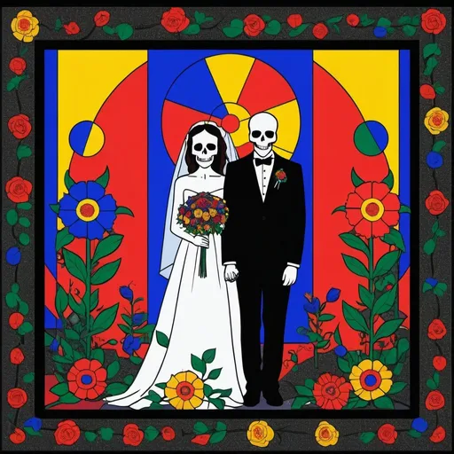 Prompt: Wedding portrait of death and life, de Stijl, high contrast, dynamic color range, pointillism, floral vine frame, dying and blooming mix, high resolution, color block, intense colors, geometric, symbolic, bold outlines, vibrant floral, artistic, conceptual, modern art