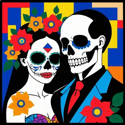 Prompt: Wedding portrait of death and life, de Stijl, high contrast, dynamic color range, pointillism, floral vine frame, dying and blooming mix, high resolution, color block, intense colors, geometric, symbolic, bold outlines, vibrant floral, artistic, conceptual, modern art, sugar skull style,