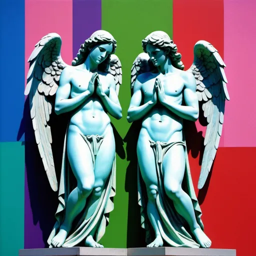 Prompt: Two vibrant angel male statues in love, Greek statue, de Stijl, dynamic colour range, colourful blocks of blue, green, pink, and red purple, geometric gradient, abstract expression with hints of Jackson Pollock and pointillism, angelic love, vibrant colors, high quality, De Stijl, love, vibrant colors, abstract, geometric, gradient, Jackson Pollock, pointillism, angelic, blue, green, pink, red purple, statues