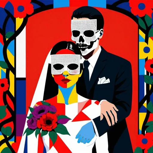 Prompt: a wedding portrait of a woman blindfolded and a man is skull, de Stijl, high contrast, dynamic color range, pointillism, floral vine frame, dying and blooming mix, high resolution, color block, intense colors, geometric, symbolic, bold outlines, vibrant floral, artistic, conceptual, modern art