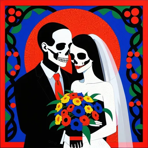 Prompt: Wedding portrait of death and life, de Stijl, high contrast, dynamic color range, pointillism, floral vine frame, dying and blooming mix, high resolution, color block, intense colors, geometric, symbolic, bold outlines, vibrant floral, artistic, conceptual, modern art