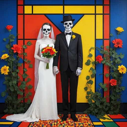 Prompt: Wedding portrait of death and life, de Stijl, high contrast, dynamic color range, pointillism, floral vine frame, dying and blooming mix, high resolution, color block, intense colors, geometric, symbolic, bold outlines, vibrant floral, artistic, conceptual, modern art