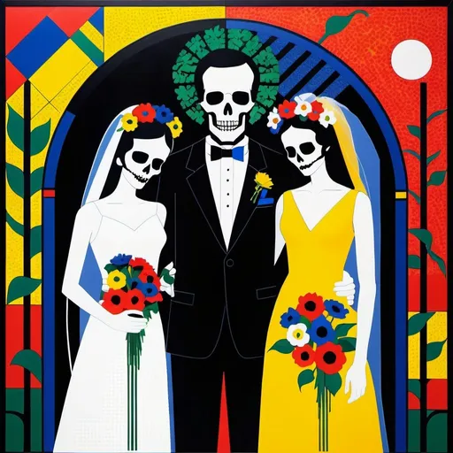 Prompt: Wedding portrait of death and life, de Stijl, high contrast, dynamic color range, pointillism, floral vine frame, dying and blooming mix, high resolution, color block, intense colors, geometric, symbolic, bold outlines, vibrant floral, artistic, conceptual, modern art