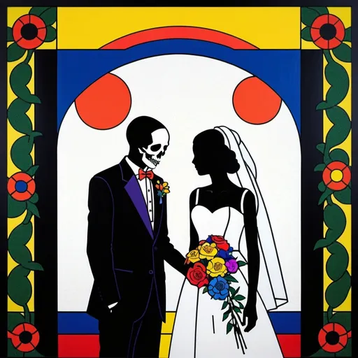 Prompt: Wedding portrait of death and life, de Stijl, high contrast, dynamic color range, pointillism, floral vine frame, dying and blooming mix, high resolution, color block, intense colors, geometric, symbolic, bold outlines, vibrant floral, artistic, conceptual, modern art