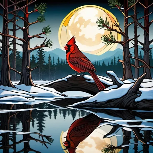 Prompt: A cardinal is sitting in a branch of a Jack pine, there is a lake frozen in winter, the sun is directly nice the Jack Pine.
Reflected below in water is the same scene as a summer night and a wolf is howling at the moon directly below,
High contrast, stained glass