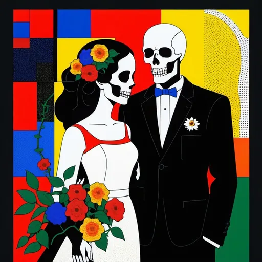 Prompt: Wedding portrait of death and life, de Stijl, high contrast, dynamic color range, pointillism, floral vine frame, dying and blooming mix, high resolution, color block, intense colors, geometric, symbolic, bold outlines, vibrant floral, artistic, conceptual, modern art