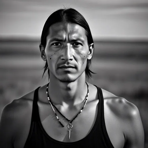 Prompt: <mymodel>  35 year old Lakota Sioux man, black tank top, black sharp eyes, serious look, thin, tall, big soft eyes,smooth skin, north dakota oil field