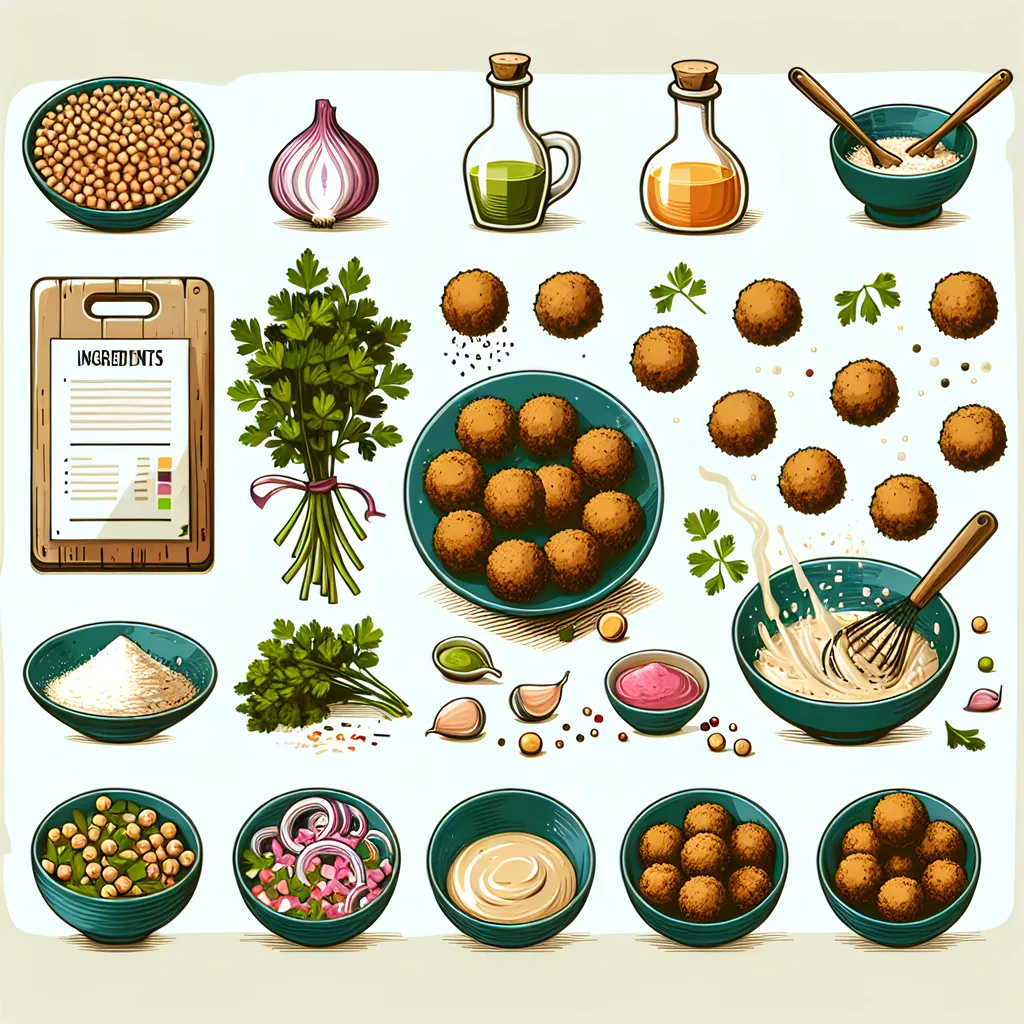 Prompt: vector art, that show the recipe how to make falafel